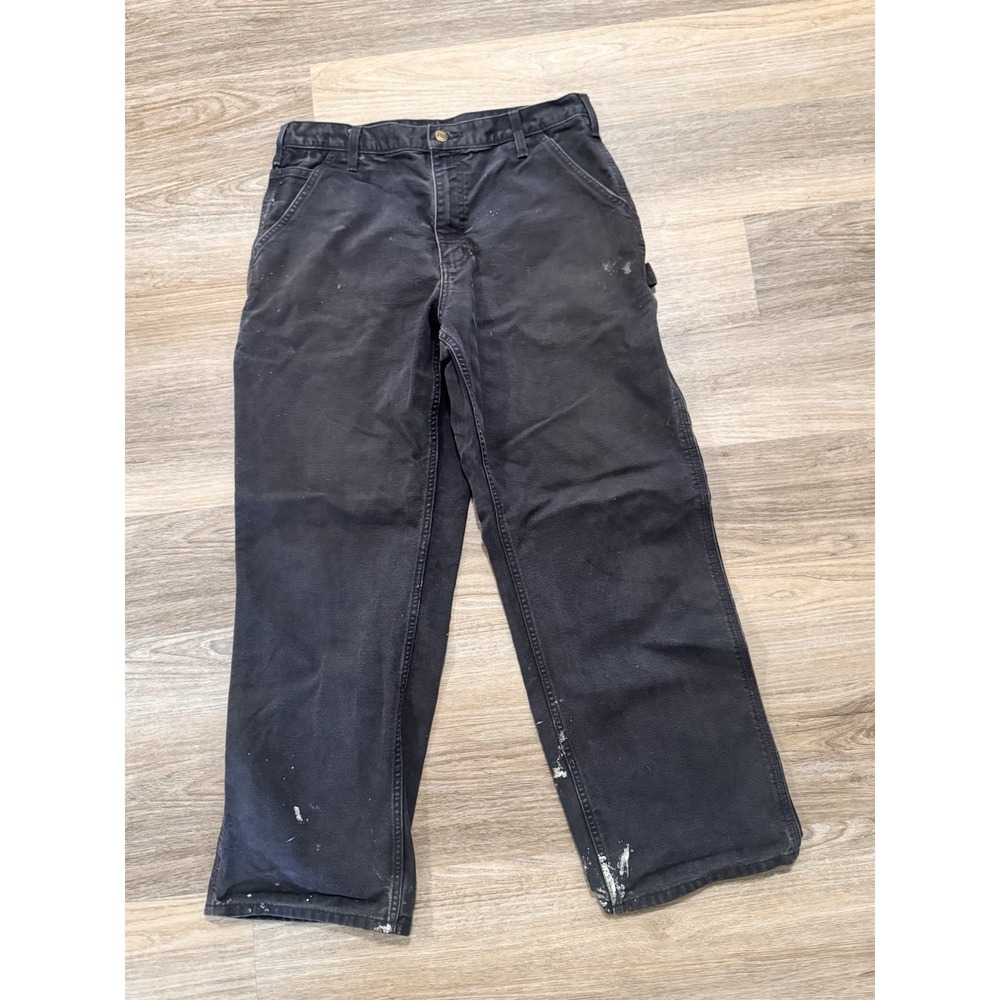 VTG Carhartt B11 BLK Canvas Carpenter Pants 34x30 Black Dungaree Thrashed Paint